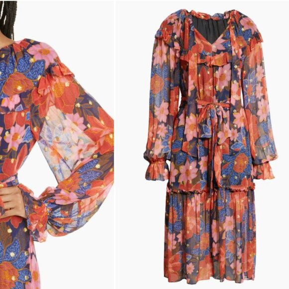 Farm Rio Dresses & Skirts - Farm Rio Garden Ruffle Long Sleeve Belted Midi Dress